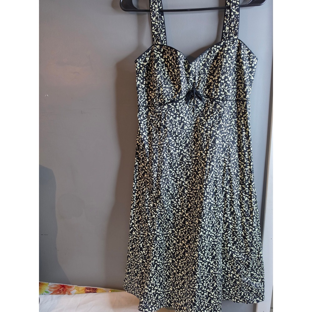 Dressbarn Black Cream Scroll Print Sweetheart Midi Dress Size 10 Smocked Back